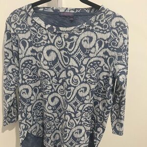 FRESH PRODUCE-blue patterned Top / 100% cotton knit hi-low tunic 3/4 slv-XS